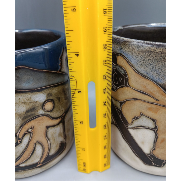 Vintage MARA Mexican Pottery Stoneware Ski Snowboard Winter Mugs Artist Signed - Picture 9 of 10